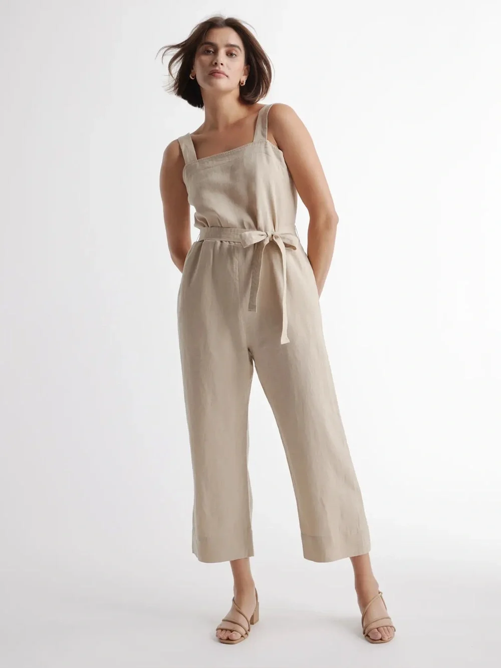 Quince European Square- Neck Linen Jumpsuit- Driftwood Size M